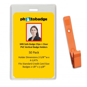 MRI Safe Clips and Vertical PVC Badge Holder- 50 pack